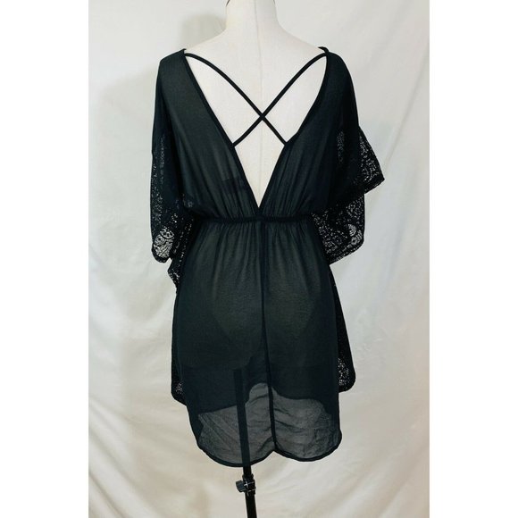 Beach Sheer Cover Up Dress Size Small Black Ruffle VNeck - Picture 5 of 12